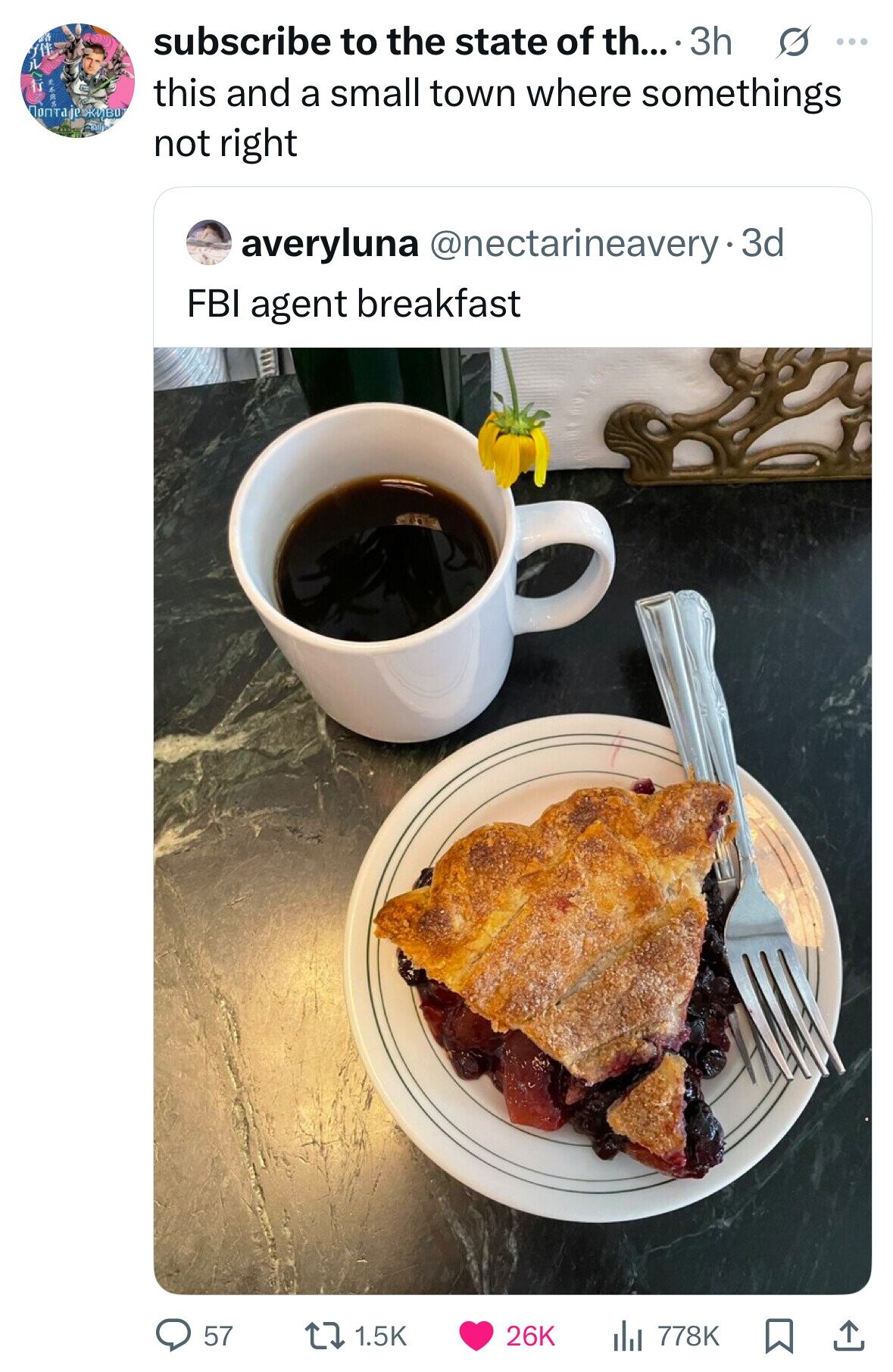 subscribe to the state of th... 3h s ... this and a small town where somethings Поптаje живо not right averyluna @nectarineavery - 3d FBI agent breakfast 57 1.5K 26K del 778K 