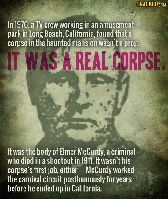 CRACKED.COM In 1976, a TV crew working in an amusement park in Long Beach, California, found that a corpse in the haunted mansion wasn't a prop. IT WAS A REAL CORPSE. It was the body of Elmer McCurdy, a criminal who died in a shootout in 1911. It wasn't his corpse's first job, either- McCurdy worked the carnival circuit posthumously for years before he ended up in California.