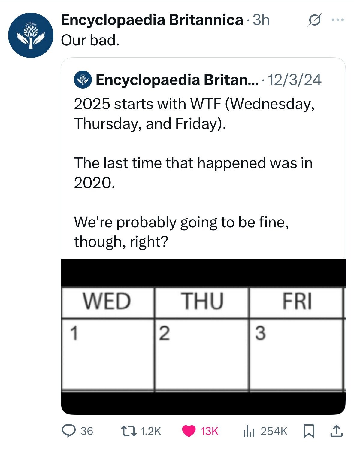 Encyclopaedia Britannica 3h S ... Our bad. Encyclopaedia Britan... 12/3/24 2025 starts with WTF (Wednesday, Thursday, and Friday). The last time that happened was in 2020. We're probably going to be fine, though, right? WED THU FRI 2 3 1 36 13K 1.2K 254K 