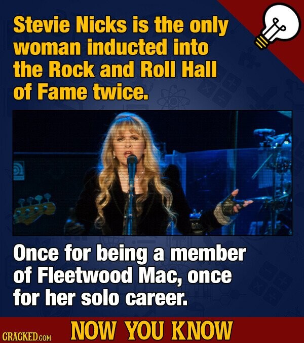 Stevie Nicks is the only woman inducted into the Rock and Roll Hall of Fame twice. Once for being a member of Fleetwood Mac, once for her solo career. NOW YOU KNOW CRACKED.COM