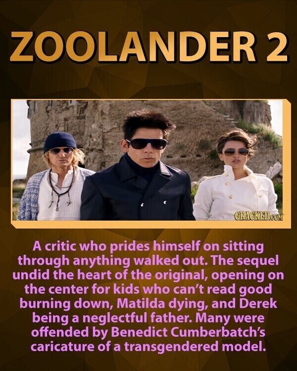 ZOOLANDER 2 CRACKED.COM A critic who prides himself on sitting through anything walked out. The sequel undid the heart of the original, opening on the center for kids who can't read good burning down, Matilda dying, and Derek being a neglectful father. Many were offended by Benedict Cumberbatch's caricature of a transgendered model.