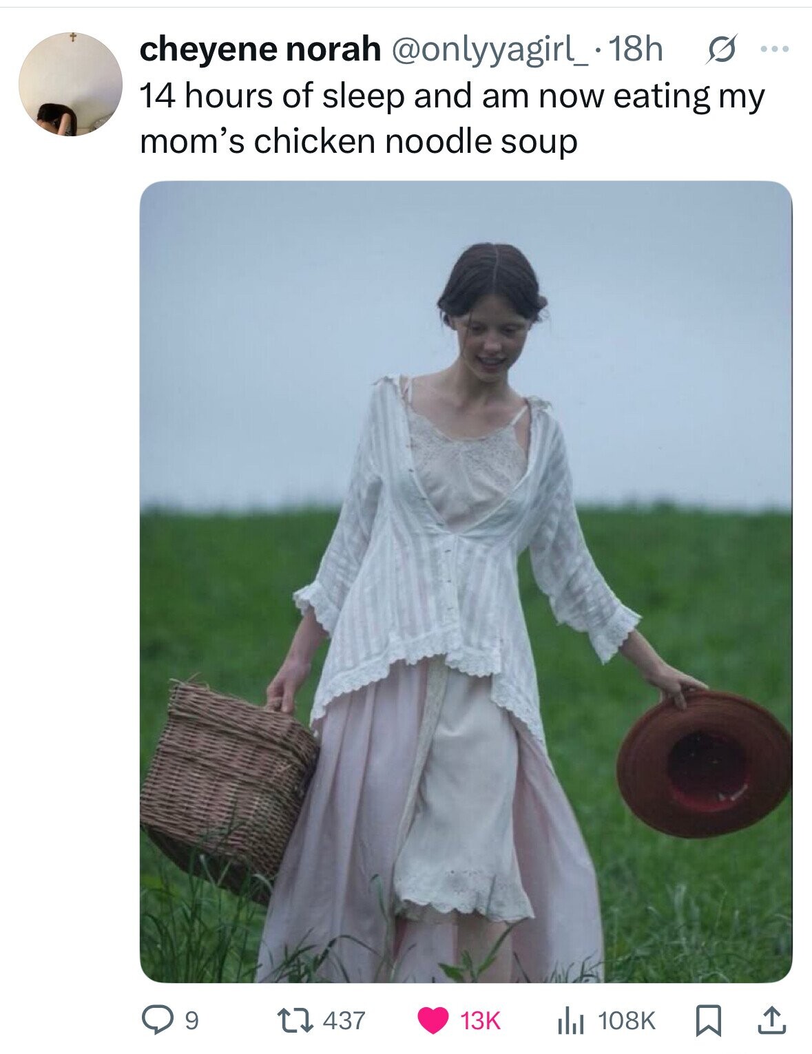 cheyene norah @onlyyagirl_ .18h s ... 14 hours of sleep and am now eating my mom's chicken noodle soup 9 437 13K 108K 