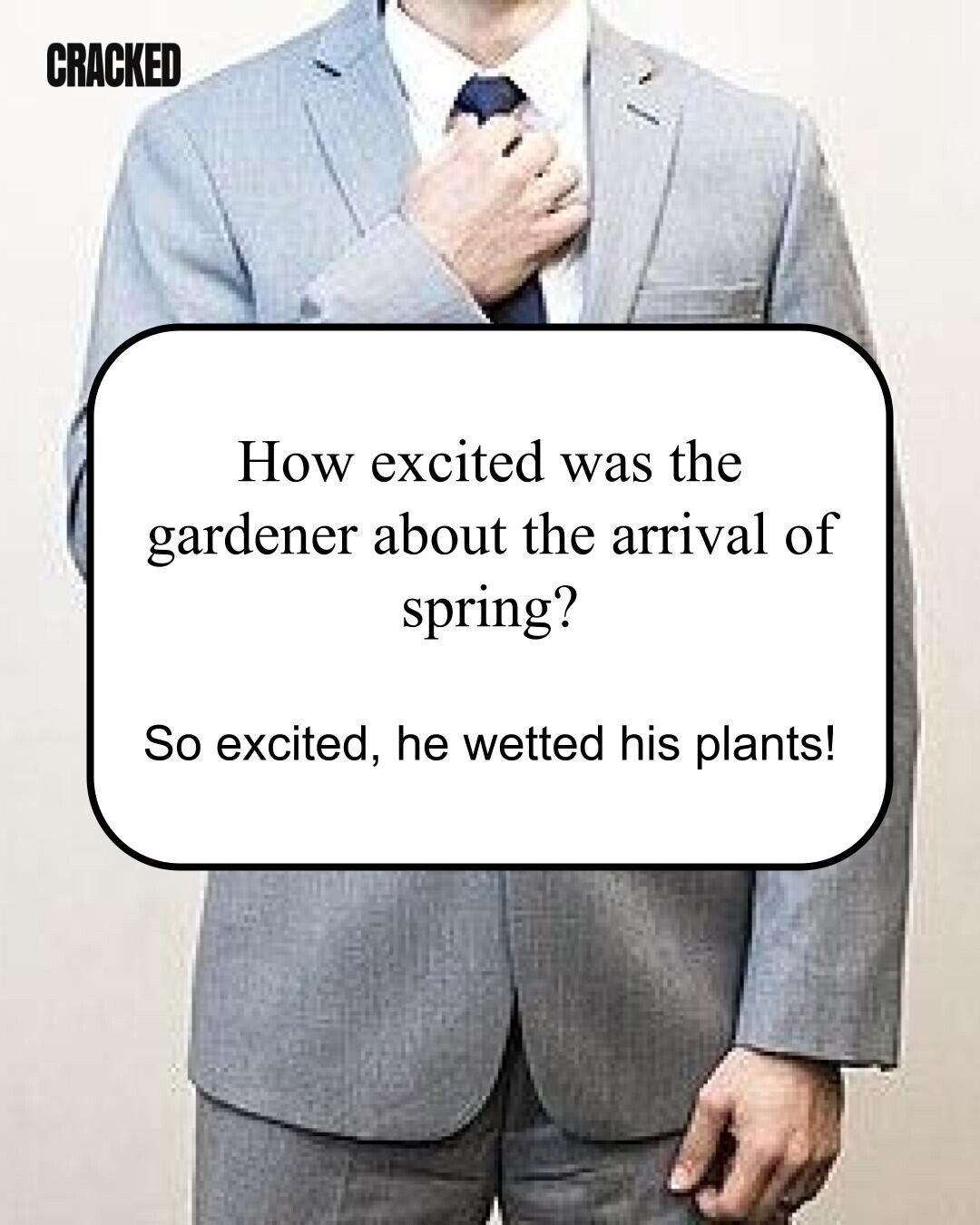 CRACKED How excited was the gardener about the arrival of spring? So excited, he wetted his plants! 