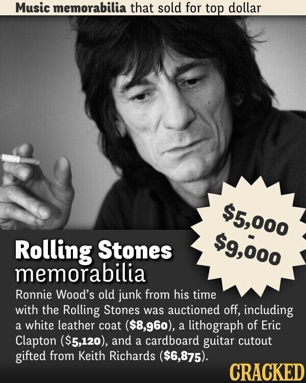 Music memorabilia that sold for top dollar $5,000 $9,000 Rolling Stones memorabilia Ronnie Wood's old junk from his time with the Rolling Stones was auctioned off, including a white leather coat ($8,96o), a lithograph of Eric Clapton ($5,120), and a cardboard guitar cutout gifted from Keith Richards ($6,875). CRACKED