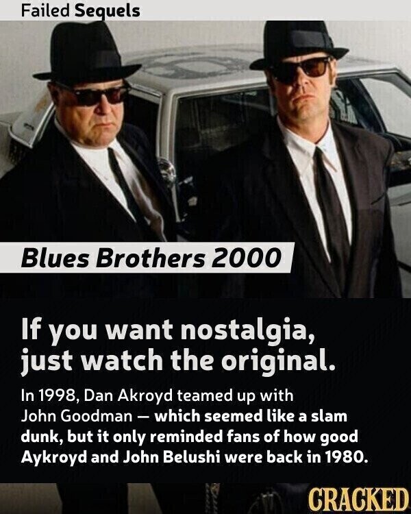 Failed Sequels Blues Brothers 2000 If you want nostalgia, just watch the original. In 1998, Dan Akroyd teamed up with John Goodman - which seemed like a slam dunk, but it only reminded fans of how good Aykroyd and John Belushi were back in 1980. CRACKED