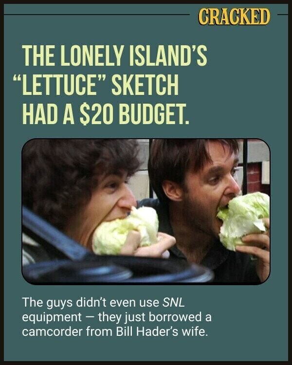CRACKED THE LONELY ISLAND'S LETTUCE SKETCH HAD A $20 BUDGET. The guys didn't even use SNL equipment-they just borrowed a camcorder from Bill Hader's wife.
