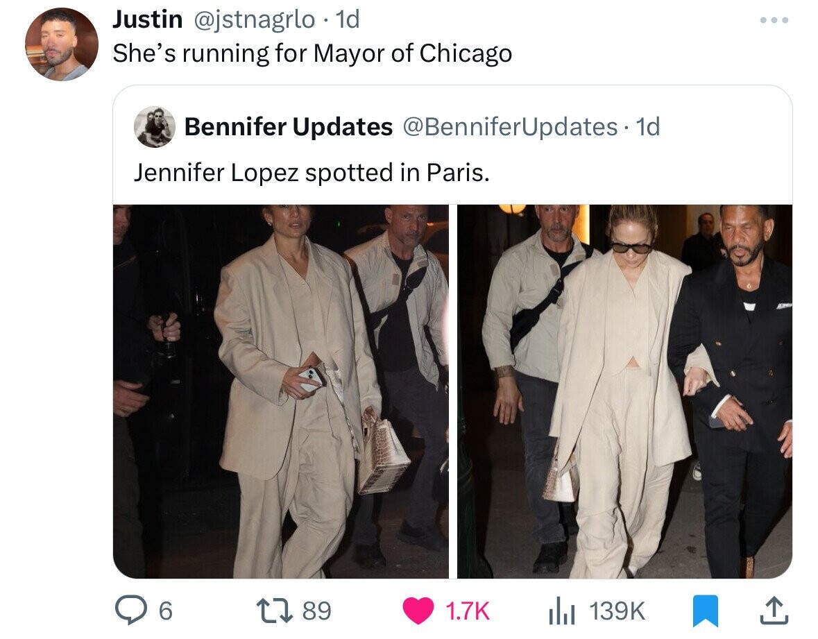 Justin @jstnagrlo 1d She's running for Mayor of Chicago Bennifer Updates @BenniferUpdates - 1d Jennifer Lopez spotted in Paris. 6 89 1.7K 139K