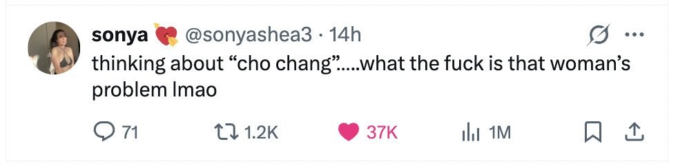 sonya @sonyashea3.14h thinking about cho chang.....what the fuck is that woman's problem Imao 71 1.2K 37K 1M