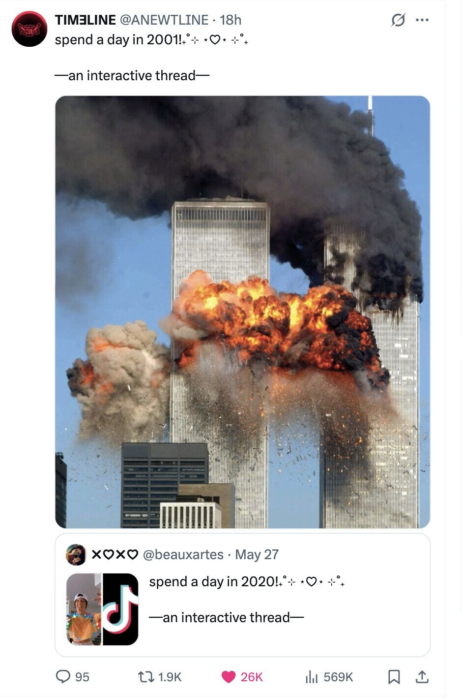 TIMELINE @ANEWTLINE 18h 0 ... spend a day in 2001!+ -an interactive thread- XOXO @beauxartes May 27 spend a day in 2020!+ J -an interactive thread- 95 1.9K 26K 569K