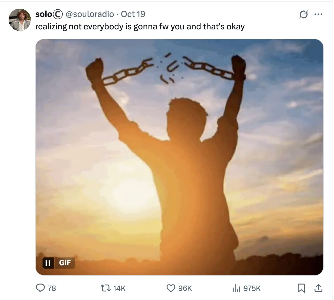 solo C @souloradio Oct 19 S ... realizing not everybody is gonna fw you and that's okay GIF II 78 14K 96K del 975K