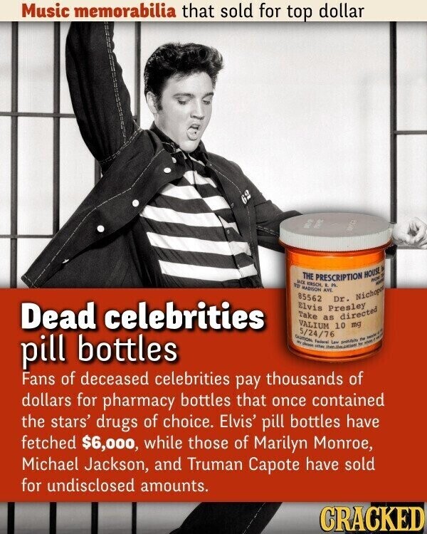 Music memorabilia that sold for top dollar a THE PRESCRIPTION HOUSE A ap MCK MADISON KIRSCH, AVE R. Ph NON - F 85562 Elvis Take Presley directed Dr. Nichopo Dead celebrities as EXITION VALIUM n 5/24/76 please Federal other 10 mg ASSE - . pill bottles Low arohibity - the Fans of deceased celebrities pay thousands of dollars for pharmacy bottles that once contained the stars' drugs of choice. Elvis' pill bottles have fetched $6,000, while those of Marilyn Monroe, Michael Jackson, and Truman Capote have sold for undisclosed amounts. CRACKED