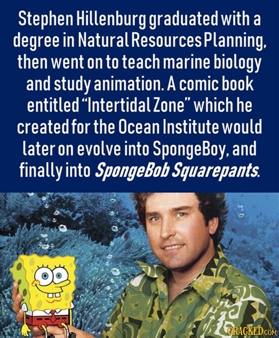 Stephen Hillenburg graduated with a degree in Natural Resources Planning, then went on to teach marine biology and study animation. A comic book entitled Intertidal Zone which he created for the Ocean Institute would later on evolve into SpongeBoy, and finally into SpongeBob Squarepants. GRACKED COM