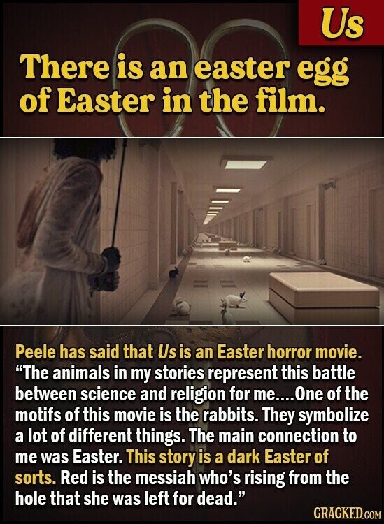 Us There is an easter egg of Easter in the film. Peele has said that Us is an Easter horror movie. The animals in my stories represent this battle between science and religion for me.... One of the motifs of this movie is the rabbits. They symbolize a lot of different things. The main connection to me was Easter. This story is a dark Easter of sorts. Red is the messiah who's rising from the hole that she was left for dead. CRACKED.COM