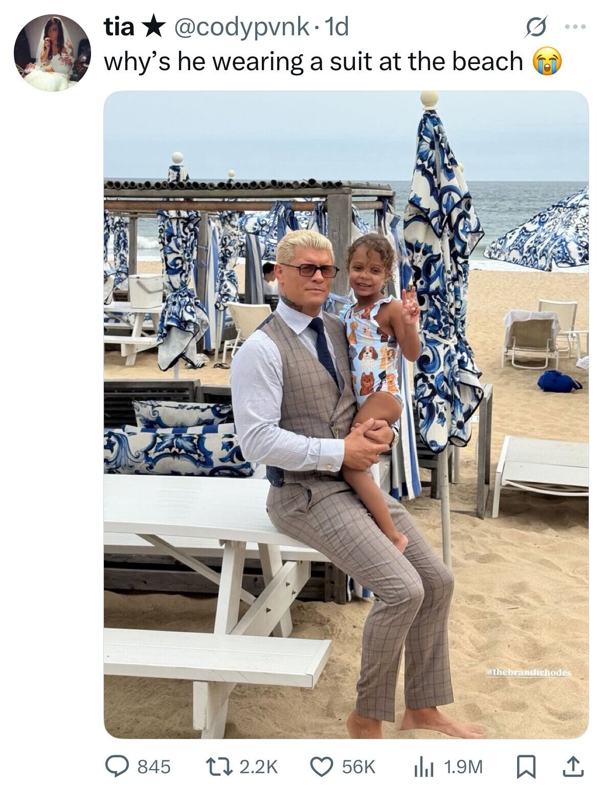 tia @codypvnk. 1d ... why's he wearing a suit at the beach @thebrandichodes 845 2.2K 56K 1.9M 