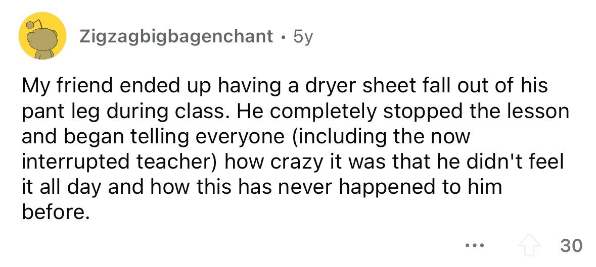 Zigzagbigbagenchant . 5 5y My friend ended up having a dryer sheet fall out of his pant leg during class. Не completely stopped the lesson and began telling everyone (including the now interrupted teacher) how crazy it was that he didn't feel it all day and how this has never happened to him before. ... 30