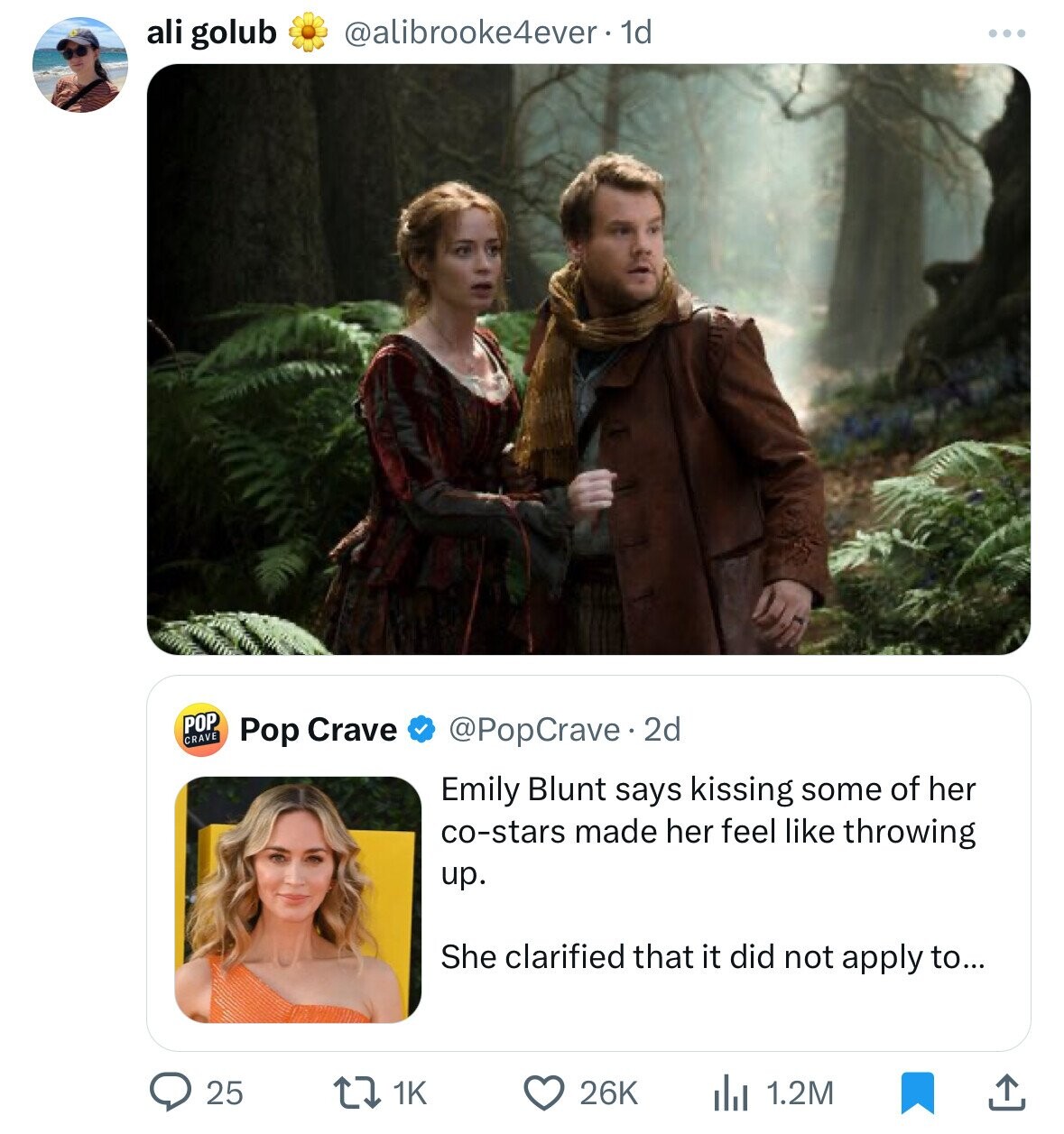 ali golub @alibrooke4ever. 1d POP CRAVE @PopCrave.2 2d Pop Crave Emily Blunt says kissing some of her co-stars made her feel like throwing up. She clarified that it did not apply to... 25 1K 26K 1.2M