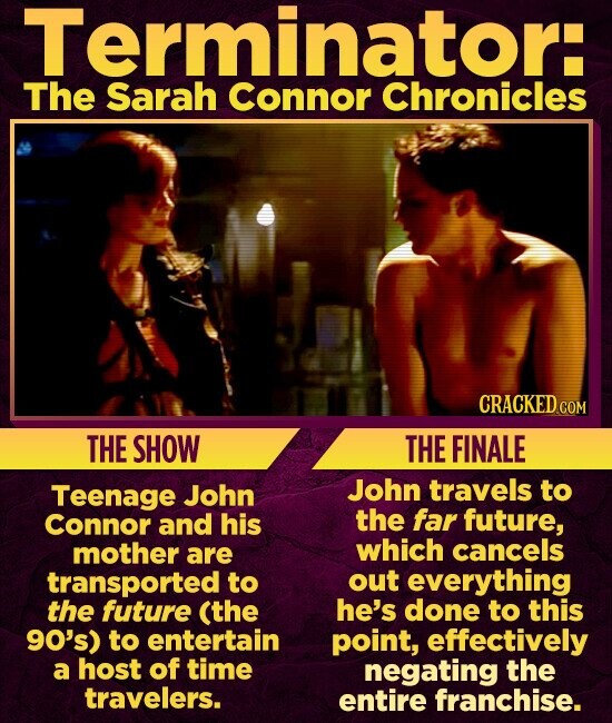 Terminator: The Sarah Connor Chronicles CRACKED.COM THE SHOW THE FINALE John travels to Teenage John the far future, Connor and his which cancels mother are transported to out everything he's done to this the future (the 90's) to entertain point, effectively a host of time negating the travelers. entire franchise.