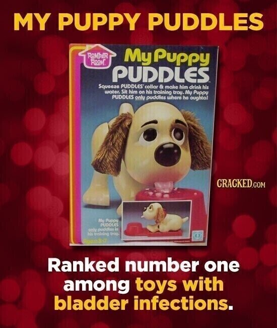 MY PUPPY PUDDLES ROMPER ROOM My Puppy PUDDLES Squeeze PUDDLES' collar & make him drink his water. Sit him on his training troy. My Puppy PUDDLES only puddles where he oughtal CRACKED.COM My Puppy PUDDLES only puddles in N taining tray. Ranked number one among toys with bladder infections.
