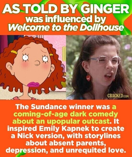 AS TOLD BY GINGER was influenced by Welcome to the Dollhouse CRACKED.COM The Sundance winner was a coming-of-age dark comedy about an upopular outcast. It inspired Emily Kapnek to create a Nick version, with storylines about absent parents, depression, and unrequited love.