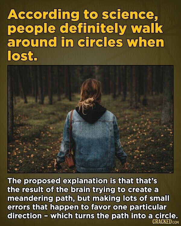 According to science, people definitely walk around in circles when lost. The proposed explanation is that that's the result of the brain trying to create a meandering path, but making lots of small errors that happen to favor one particular direction - which turns the path into a circle. CRACKED.COM