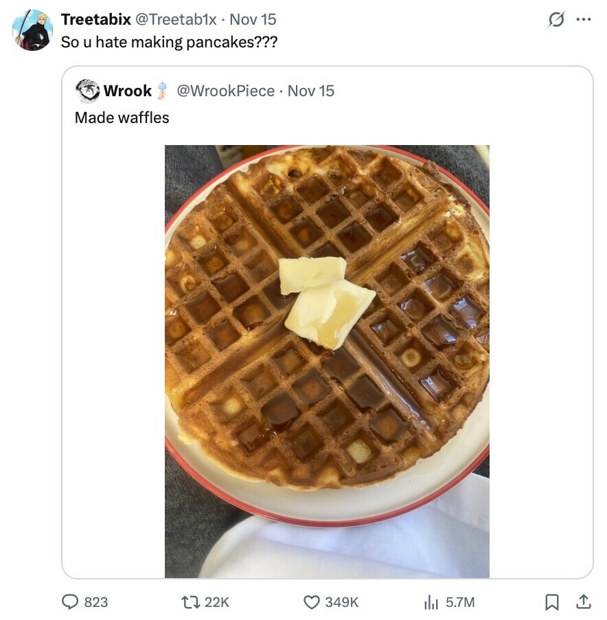 Treetabix @Treetab1x Nov 15 G ... So u hate making pancakes??? Wrook @WrookPiece Nov 15 Made waffles 823 22K 349K 5.7M 