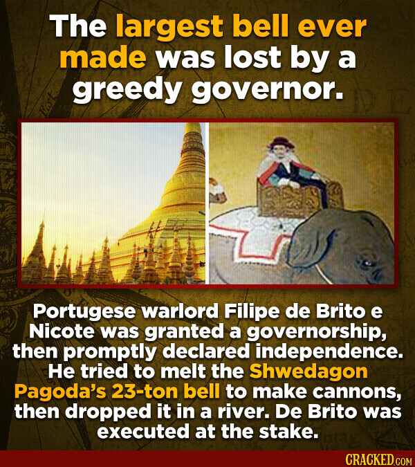 The largest bell ever made was lost by a greedy governor. Portugese warlord Filipe de Brito e Nicote was granted a governorship, then promptly declared independence. Не tried to melt the Shwedagon Pagoda's 23-ton bell to make cannons, then dropped it in a river. De Brito was executed at the stake. CRACKED.COM