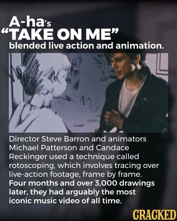 A-ha's TAKE ON ME blended live action and animation. Director Steve Barron and animators Michael Patterson and Candace Reckinger used a technique called rotoscoping, which involves tracing over live-action footage, frame by frame. Four months and over 3,000 drawings later, they had arguably the most iconic music video of all time. CRACKED