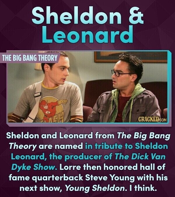 Sheldon & Leonard THE BIG BANG THEORY CRACKED.COM AEH Sheldon and Leonard from The Big Bang Theory are named in tribute to Sheldon Leonard, the producer of The Dick Van Dyke Show. Lorre then honored hall of fame quarterback Steve Young with his next show, Young Sheldon. I think.