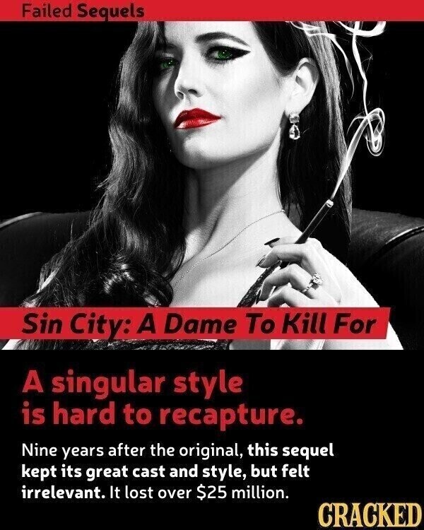 Failed Sequels Sin City: A Dame To Kill For A singular style is hard to recapture. Nine years after the original, this sequel kept its great cast and style, but felt irrelevant. It lost over $25 million. CRACKED