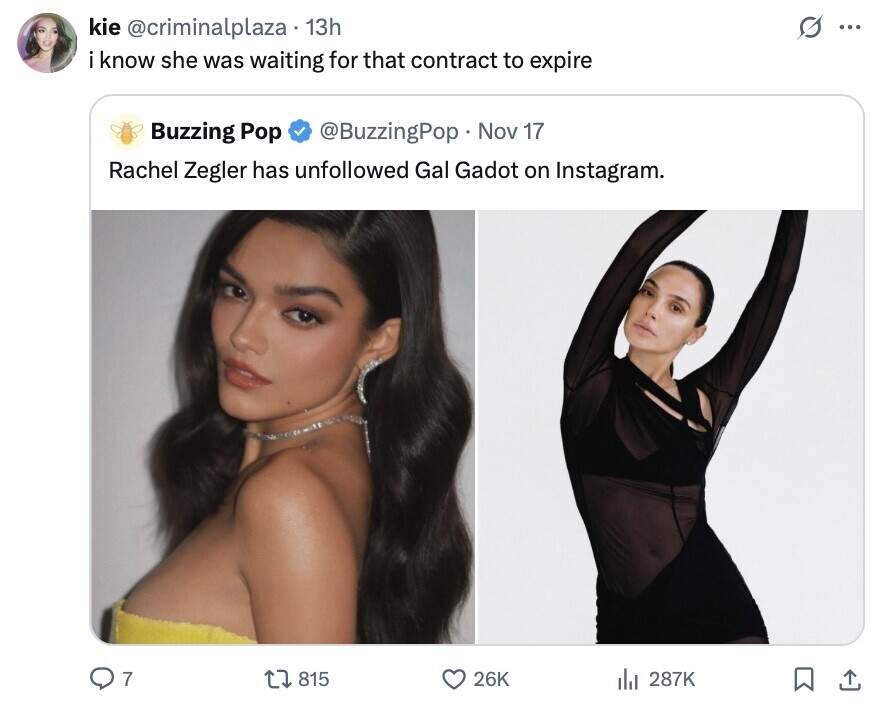 kie @criminalplaza 13h ... i know she was waiting for that contract to expire Buzzing Pop @BuzzingPop Nov 17 Rachel Zegler has unfollowed Gal Gadot on Instagram. 7 815 26K 287K 