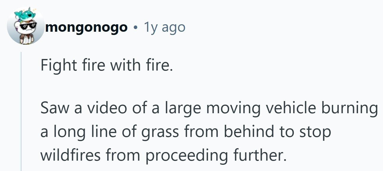 mongonogo . 1y ago Fight fire with fire. Saw a video of a large moving vehicle burning a long line of grass from behind to stop wildfires from proceeding further.