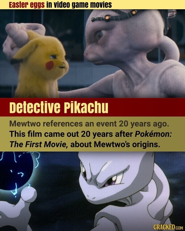 Easter eggs in video game movies Detective Pikachu Mewtwo references an event 20 years ago. This film came out 20 years after Pokémon: The First Movie, about Mewtwo's origins. CRACKED.COM