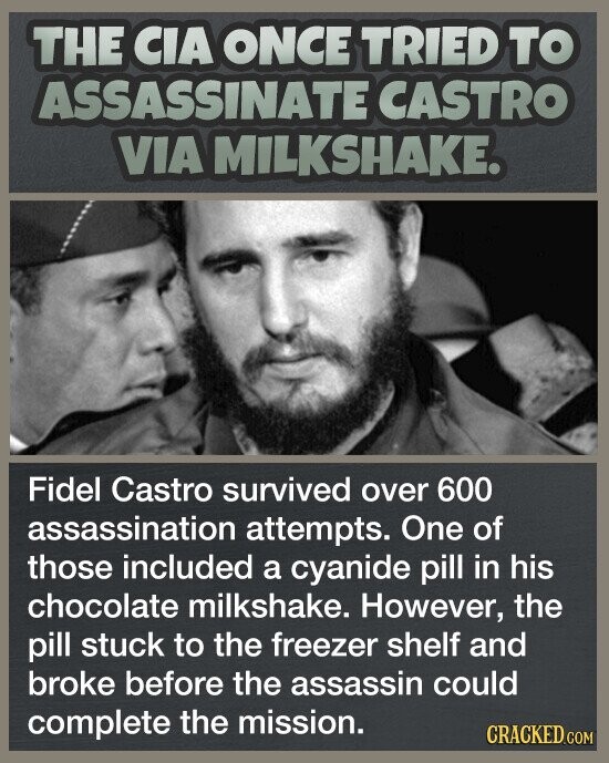THE CIA ONCE TRIED TO ASSASSINATE CASTRO VIA MILKSHAKE. Fidel Castro survived over 600 assassination attempts. One of those included a cyanide pill in his chocolate milkshake. However, the pill stuck to the freezer shelf and broke before the assassin could complete the mission. CRACKED.COM