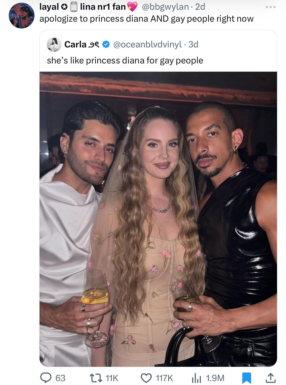 lina nr1 fan layal @bbgwylan 2 2d apologize to princess diana AND gay people right now Carla م و @oceanblvdvinyl - 3 3d she's like princess diana for gay people 63 11K 117K 1.9M
