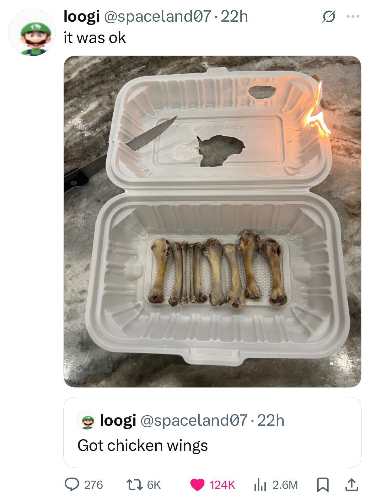 loogi @spaceland07.22h O ... it was ok JICLOM9A69PIG loogi @spaceland07.22h Got chicken wings 276 6K 124K 2.6M 