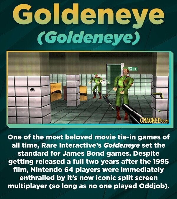 Goldeneye (Goldeneye) CRACKED.COM One of the most beloved movie tie-in games of all time, Rare Interactive's Goldeneye set the standard for James Bond games. Despite getting released a full two years after the 1995 film, Nintendo 64 players were immediately enthralled by it's now iconic split screen multiplayer (so long as no one played Oddjob).