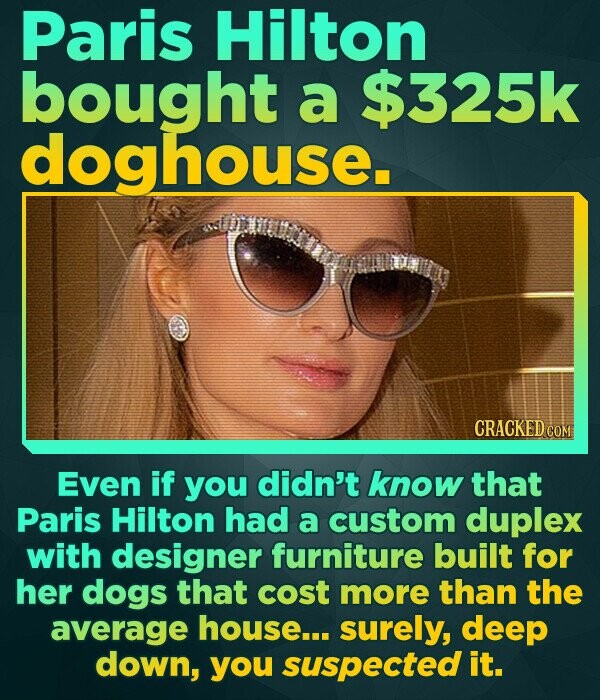 Paris Hilton bought a $325k doghouse Even if you didn't know that Paris Hilton had a custom duplex with designer furniture built for her dogs that cos