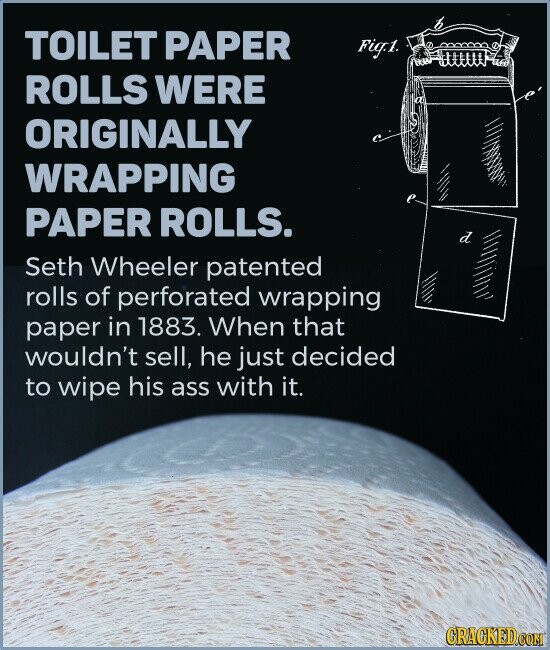 TOILET PAPER Fig.1. ROLLS WERE ORIGINALLY WRAPPING PAPER ROLLS. d Seth Wheeler patented rolls of perforated wrapping paper in 1883. When that wouldn't sell, he just decided to wipe his ass with it. CRACKED.COM