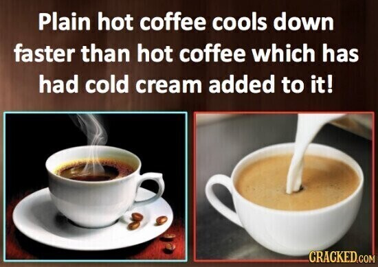 Plain hot coffee cools down faster than hot coffee which has had cold cream added to it! CRACKED.COM