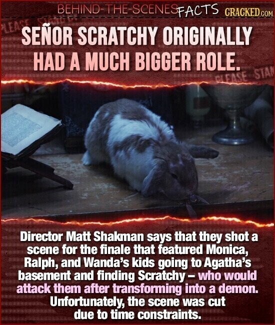 BEHINO-THE-SCENES FACTS CRACKED.COM LEASE SEÑOR SCRATCHY ORIGINALLY HAD A MUCH BIGGER ROLE. CLEASE STA Director Matt Shakman says that they shot a scene for the finale that featured Monica, Ralph, and Wanda's kids going to Agatha's basement and finding Scratchy-who would attack them after transforming into a demon. Unfortunately, the scene was cut due to time constraints.