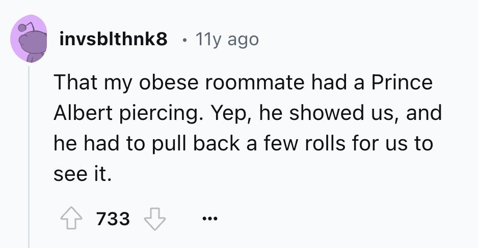 invsblthnk8 11y ago That my obese roommate had a Prince Albert piercing. Yep, he showed us, and he had to pull back a few rolls for us to see it. 733 ... 