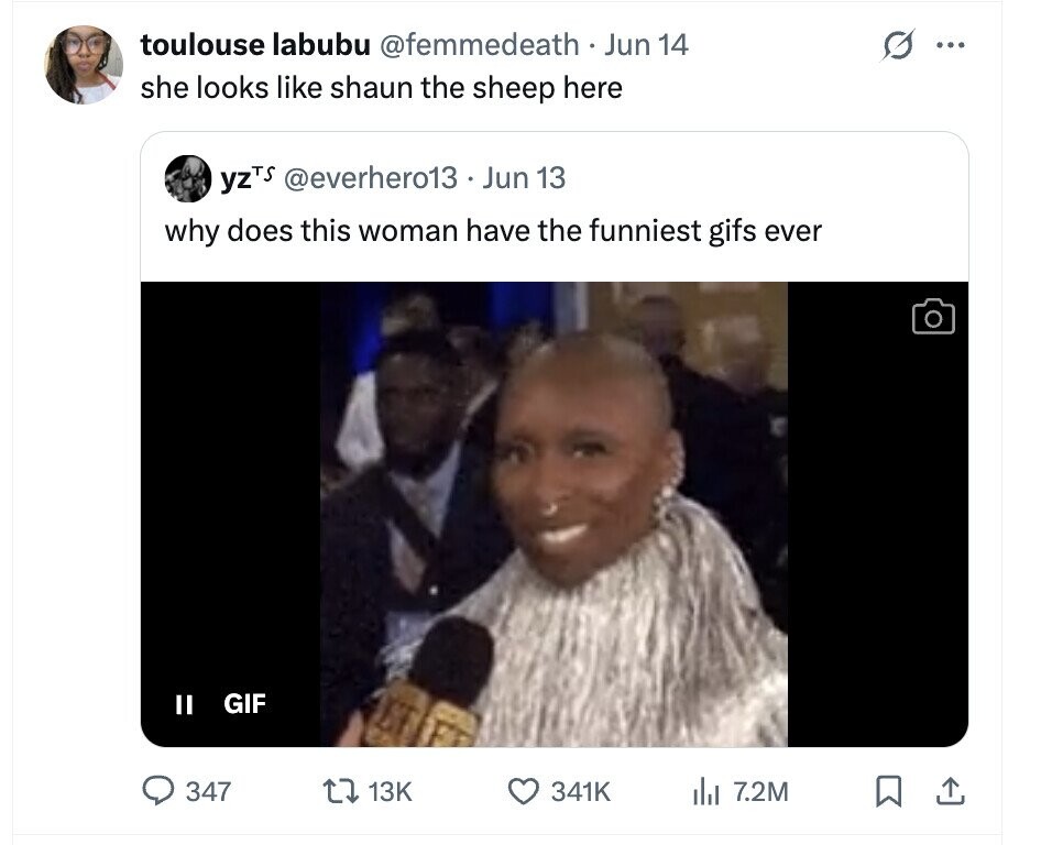 toulouse labubu @femmedeath. Jun 14 ... she looks like shaun the sheep here yzTS @everhero13 . Jun 13 why does this woman have the funniest gifs ever GIF II 347 13K 341K del 7.2M