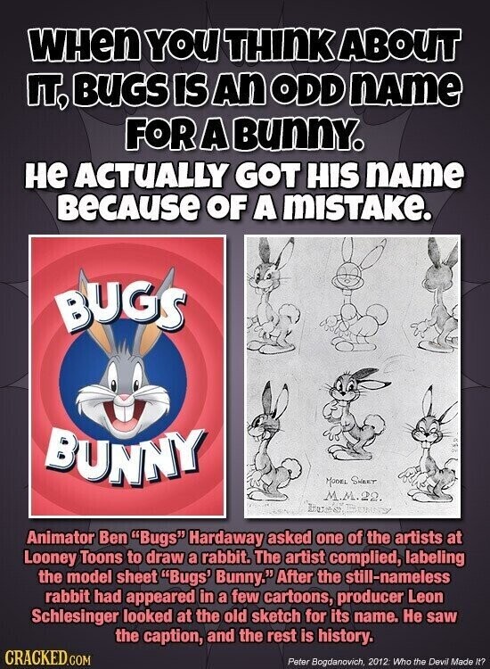 WHen YOU THINK ABOUT пт BUGS IS An ODD nAme FOR A BunnY. не ACTUALLY GOT HIS nAme BECAUSE OF A MISTAKE. BUGS BUNNY MODEL SWEET M.M.22. Animator Ben Bugs Hardaway asked one of the artists at Looney Toons to draw a rabbit. The artist complied, labeling the model sheet Bugs' Bunny. After the still-nameless rabbit had appeared in a few cartoons, producer Leon Schlesinger looked at the old sketch for its name. Не saw the caption, and the rest is history. CRACKED.COM Peter Bogdanovich, 2012: Who the Devil Made It?