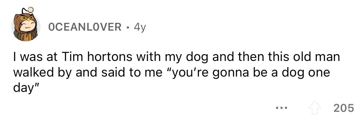 OCEANLOVER 4y I was at Tim hortons with my dog and then this old man walked by and said to me you're gonna be a dog one day ... 205