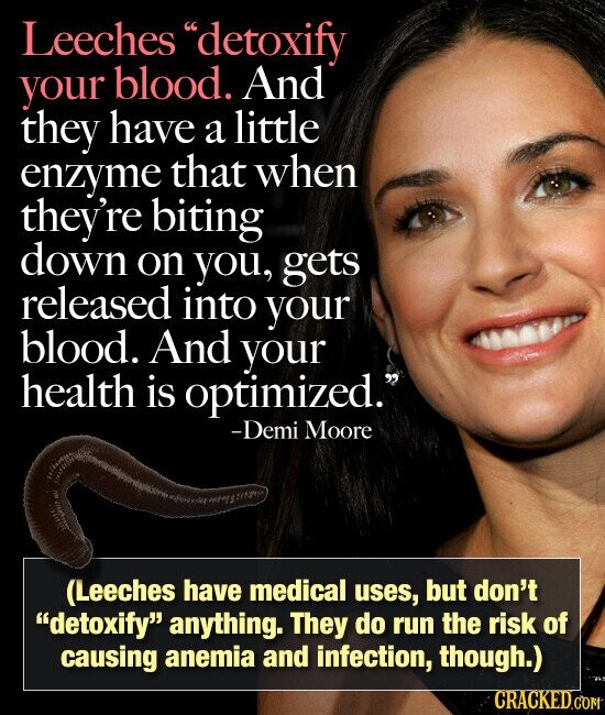 Leeches detoxify your blood. And they have a little enzyme that when they're biting down on you, gets released into your blood. And your health is optimized. -Demi Moore (Leeches have medical uses, but don't detoxify anything. They do run the risk of causing anemia and infection, though.) CRACKED.COM
