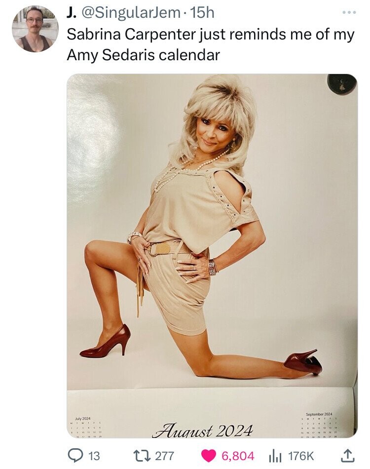 J. @SingularJem 15h Sabrina Carpenter just reminds me of my Amy Sedaris calendar September 2024 July 2024 August 2024 13 277 6,804 176K