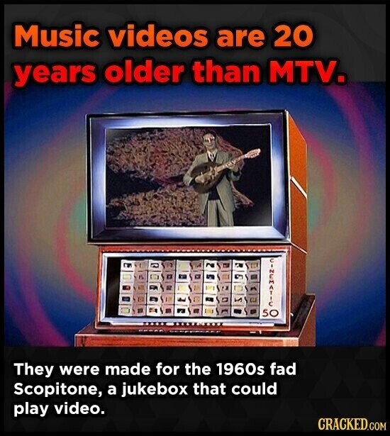 Music videos are 20 years older than MTV. CINEMATIC 50 They were made for the 1960s fad Scopitone, a jukebox that could play video. CRACKED.COM