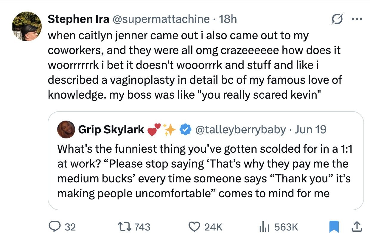 Stephen Ira @supermattachine - 18h ... when caitlyn jenner came out i also came out to my coworkers, and they were all omg crazeeeeee how does it woorrrrrrk i bet it doesn't wooorrrk and stuff and like i described a vaginoplasty in detail bc of my famous love of knowledge. my boss was like you really scared kevin Grip Skylark @talleyberrybaby.Jun 19 What's the funniest thing you've gotten scolded for in a 1:1 at work? Please stop saying 'That's why they pay me the medium bucks' every time someone says Thank you it's making people uncomfortable comes to mind for me
