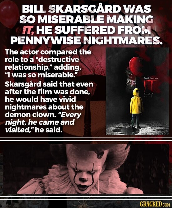 BILL SKARSGÂRD WAS SO MISERABLE MAKING IT, НЕ SUFFERED FROM PENNYWISE NIGHTMARES. The actor compared the role to a destructive relationship, adding, I was so miserable. You'll Boat too Skarsgård said that even after the film was done, Septembre he would have vivid nightmares about the demon clown. Every night, he came and visited, he said. CRACKED.COM