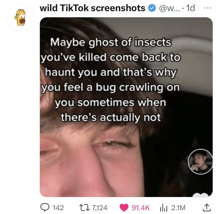 wild TikTok screenshots @w... 1d ... Maybe ghost of insects you've killed come back to haunt you and that's why you feel a bug crawling on you sometimes when there's actually not 142 7,124 91.4K 2.1M